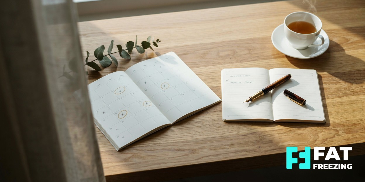 Open calendar and notebook on a wooden table for planning a treatment review.