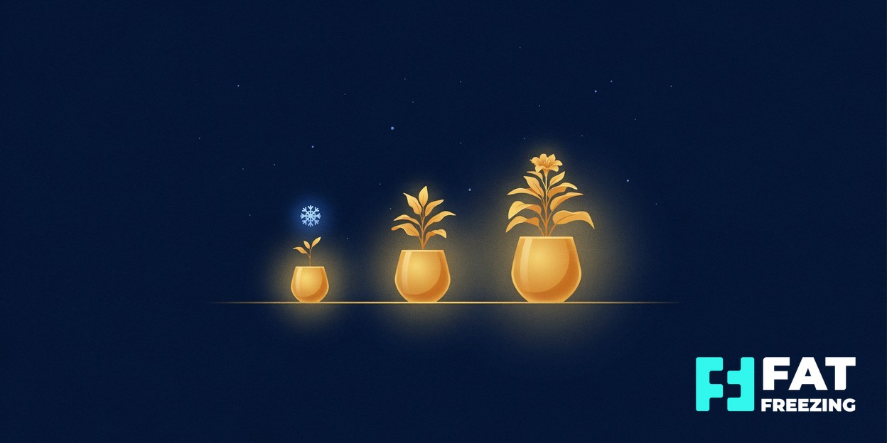 Three gold plant pots showing stages of growth beside a snowflake.