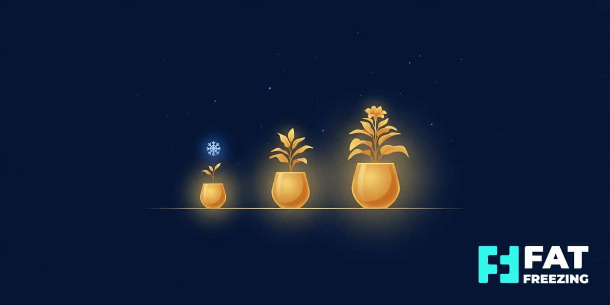 Three gold plant pots showing stages of growth beside a snowflake.