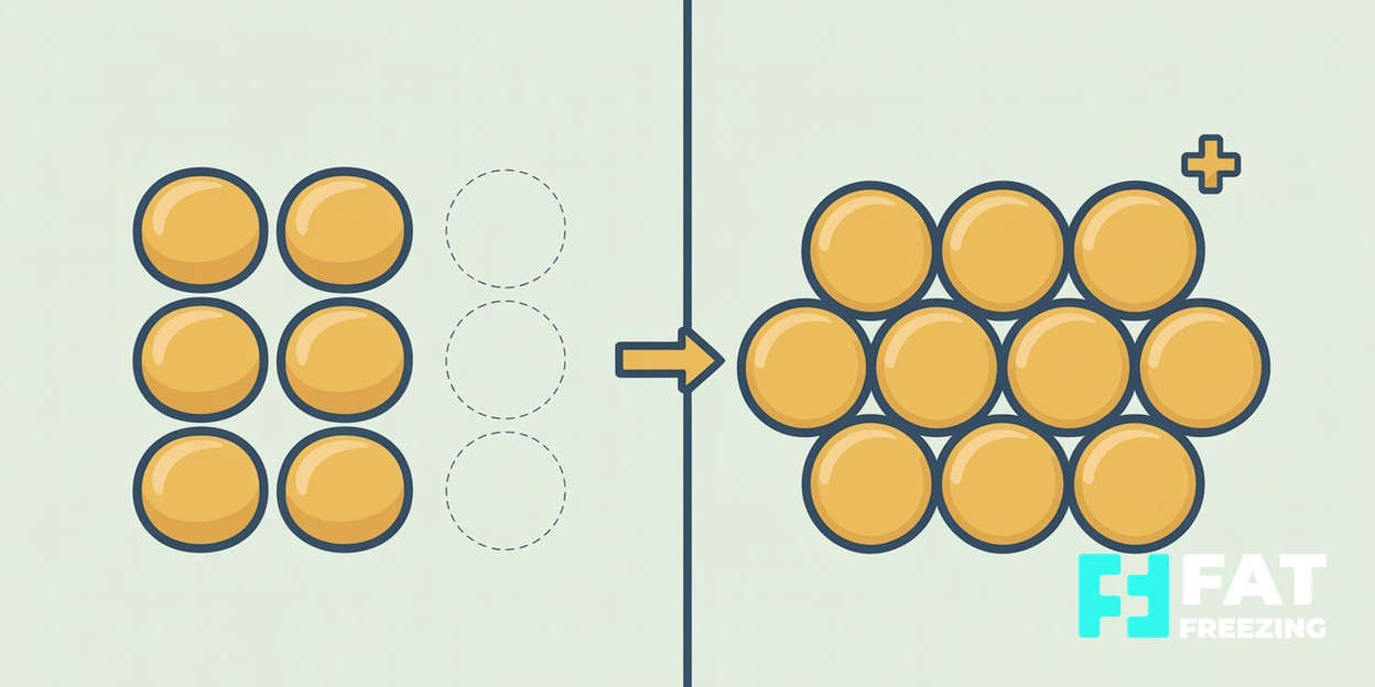 Conceptual diagram comparing smaller separated circles with a larger cluster representing fat volume.