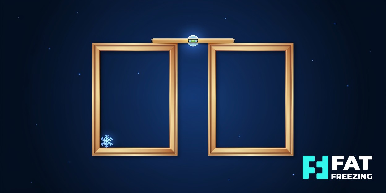 Two gold picture frames aligned beneath a spirit level.