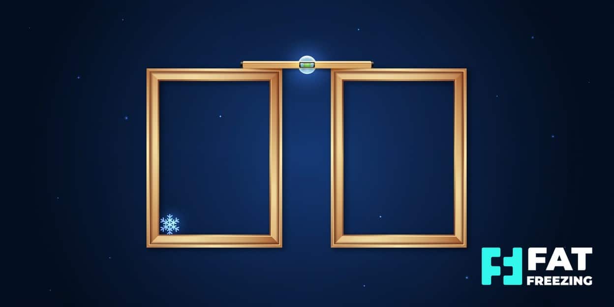 Two gold picture frames aligned beneath a spirit level.